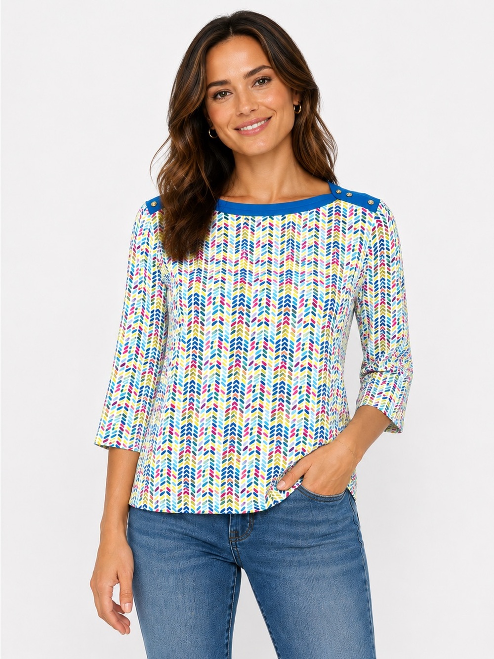 Westbound Top Shirt Blouse with Boat Neck, Accent Buttons, 3/4 Sleeved, Size‎ L